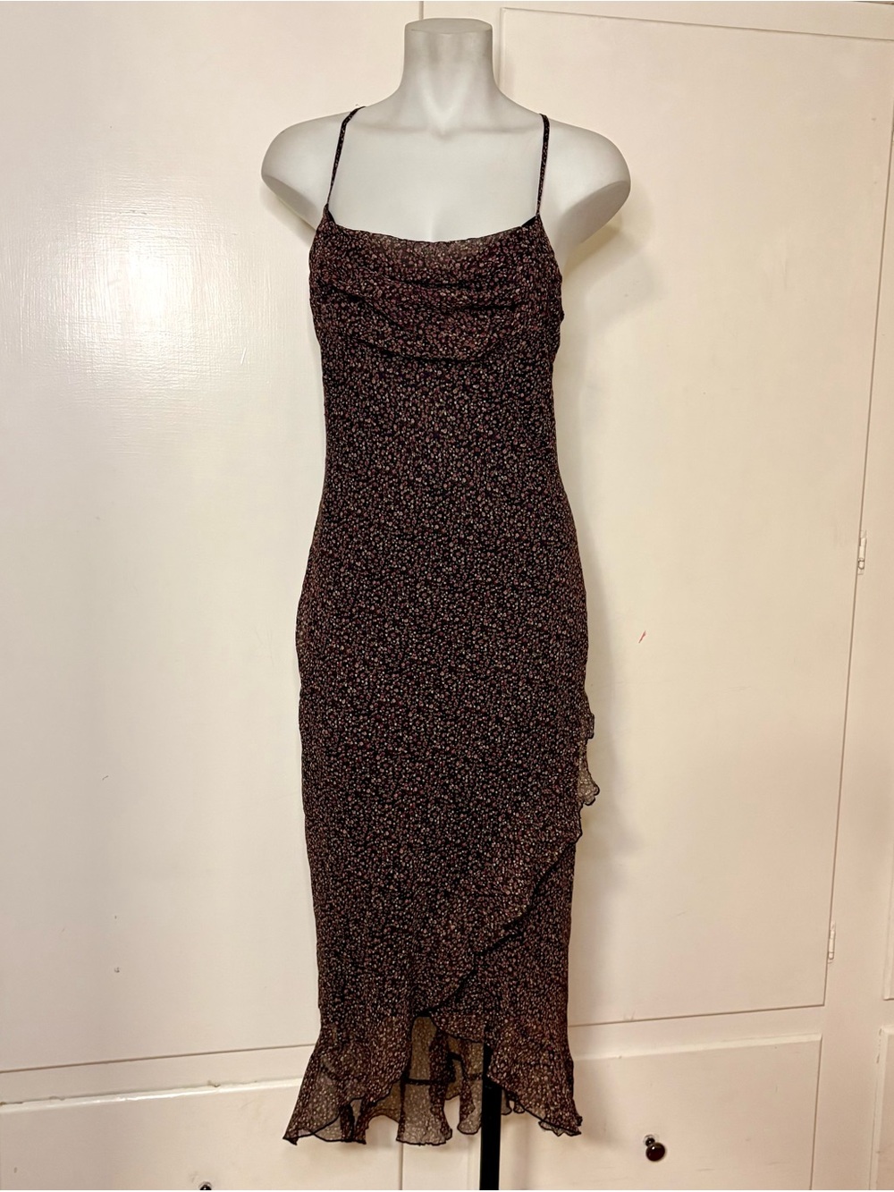 Vintage 90s Rampage Black Micro Floral Whimsygoth Cowl Neck Ruffle Maxi Dress